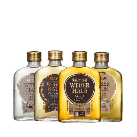 Cachaça Premium Black 3 Anos 160ml, Cachaça Extra Premium 6 Anos 160ml,
Cachaça Weber Haus Prata Clássica 160ml, Cachaça Weber Haus Premium Gold 4 anos 160ml.