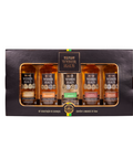 Kit com cinco cachaças de 50 ml. Cachaça Weber Haus Amburana, Cachaça Weber Haus Bálsamo, Cachaça Weber Haus Prata, Cachaça Weber Haus Canela Sassafrás, Cachaça Weber Haus Carvalho e Cabriúva.