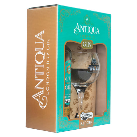 Kit Gin Antiqua com Taça, contendo uma garrafa de Antiqua Botanic Gin de 1000ml e uma taça de gin de vidro de 600ml.