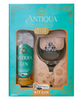 Kit Gin Antiqua com Taça, contendo uma garrafa de Antiqua Botanic Gin de 1000ml e uma taça de gin de vidro de 600ml, perfeito para degustações sofisticadas.