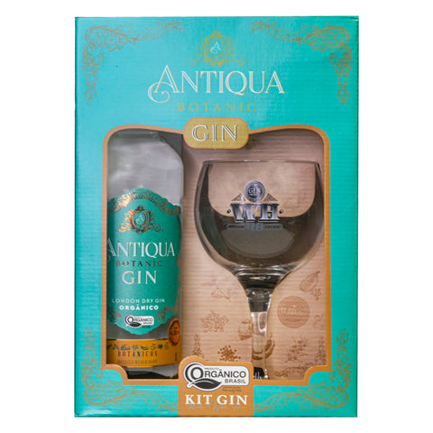 Kit Gin Antiqua com Taça, contendo uma garrafa de Antiqua Botanic Gin de 1000ml e uma taça de gin de vidro de 600ml, perfeito para degustações sofisticadas.