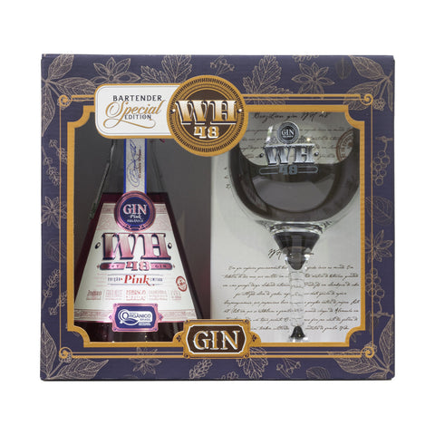 Kit Gin Pink WH48 com Taça, contendo uma garrafa de Gin WH48 Pink de 750ml e uma taça de gin tônica de 600ml, perfeito para degustações sofisticadas.